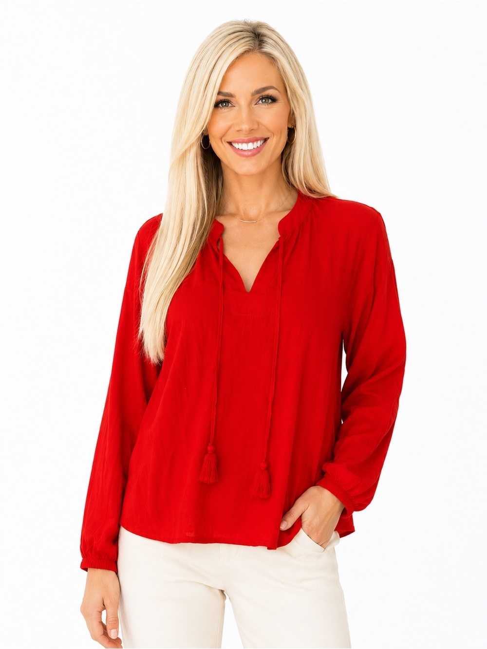 💛2 for $20-UP2 Fashion Red EcoVero Linen Blend Tassel Tie Blouse Top L NWT